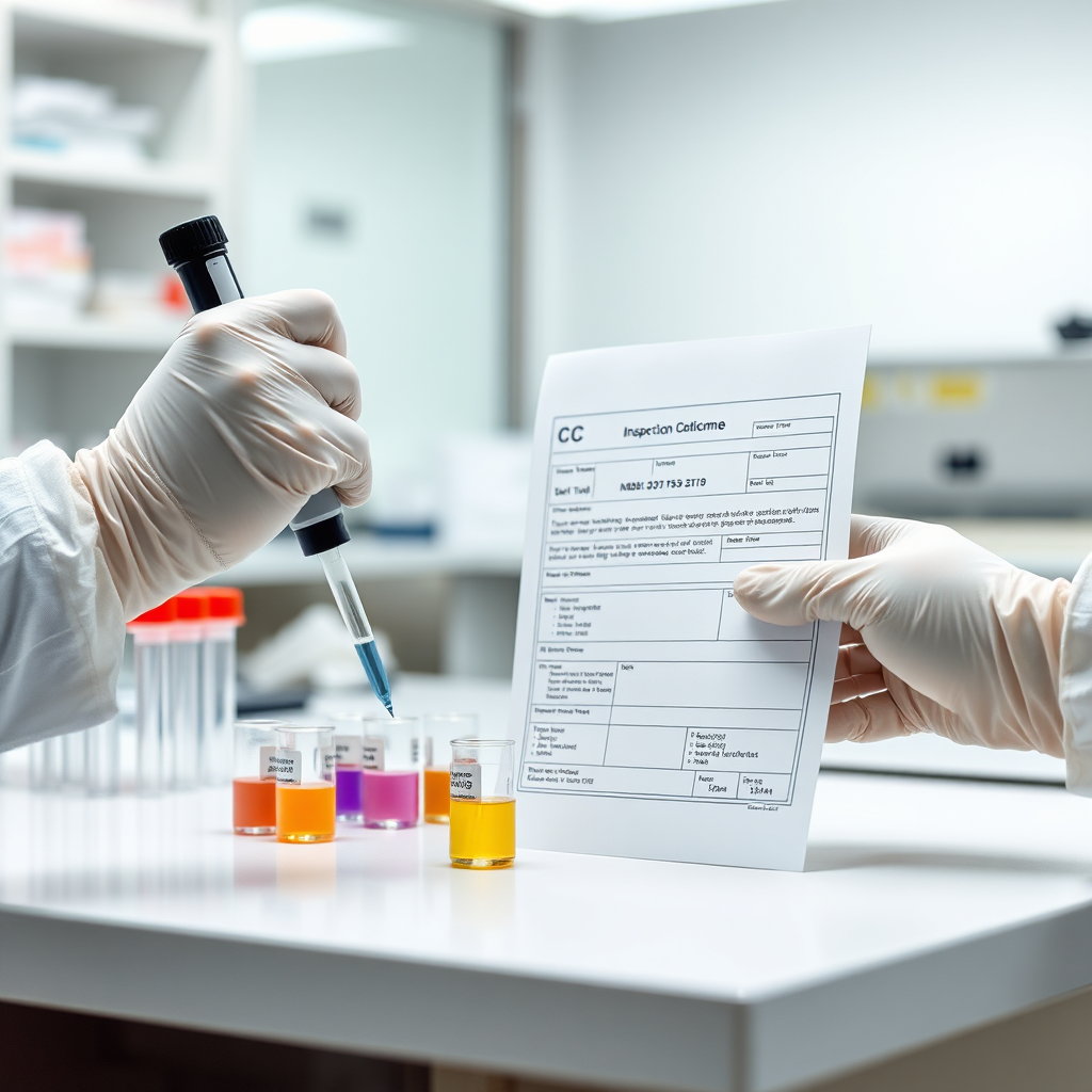 Quality control lab testing and document stamping concept for compliance and certification