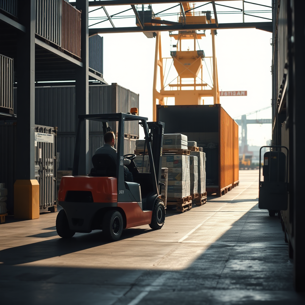 Warehouse and port operations showing cargo handling, pallets, and container logistics
